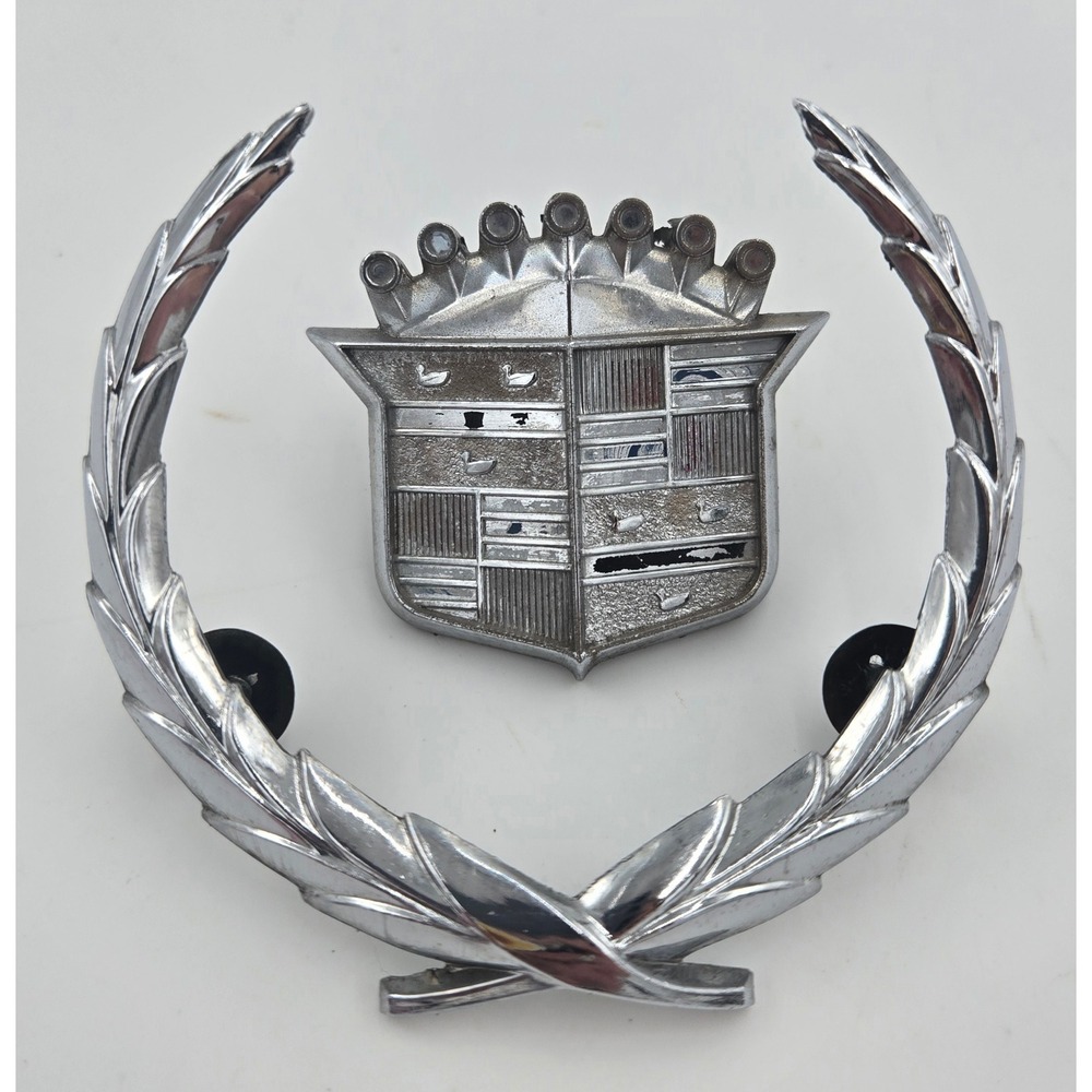 Vintage Cadillac Hood Ornament Emblem Crest & Wreath OEM Metal Badge 1960s–1970s